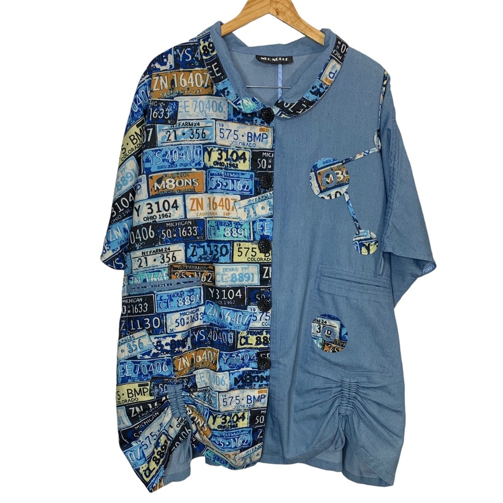 NEONOBLE Super Oversized License Plate Print Colorblock Tunic w/ Pockets